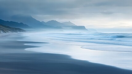 A serene beach scene showcases the tranquil ocean meeting a sandy shore, complemented by majestic mountains shrouded in mist under an overcast sky, ideal for a Weather Theme stock photo.