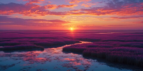 Sunset over a vast wetland landscape with vibrant pink and purple clouds and calm water reflections. Nature scenery and sky. The natural beauty of the horizon at dusk.