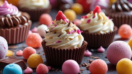 Colorful cupcakes with frosting and sprinkles surrounded by various candies and chocolates on a dark surface.