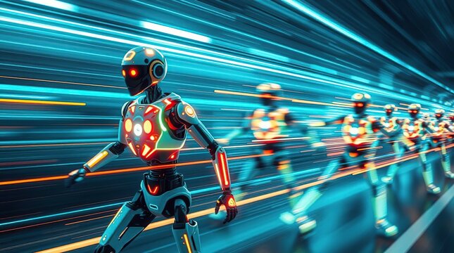 Robotics blurred in glowing neon streaks