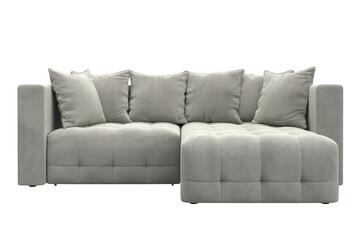 Elegant gray sectional sofa with plush cushions for modern living spaces on transparent background