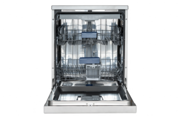 Open stainless steel dishwasher with empty racks and modern design on transparent background