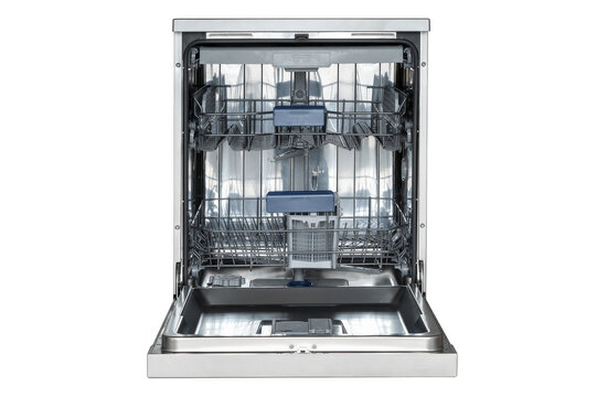 Open stainless steel dishwasher with empty racks and modern design on transparent background