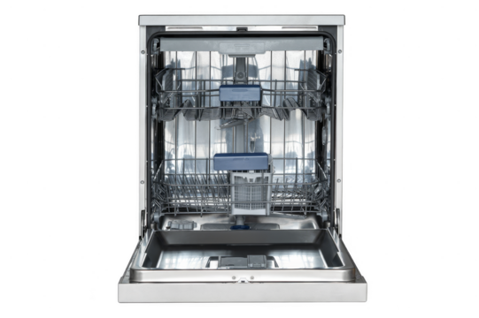 Open stainless steel dishwasher with empty racks and modern design on transparent background