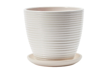 Textured white ceramic planter with saucer on transparent background