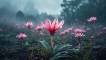 Vivid pink flowers blooming in a lush green field with soft mist and blue sky in the background.