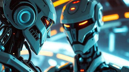 Robots with futuristic, and closeup.