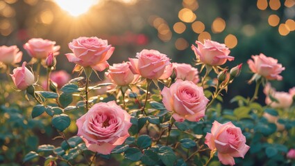 Pink roses in a garden during sunset with bokeh light effects. Gardening and floral; romantic and peaceful. The concept of flowers and nature.