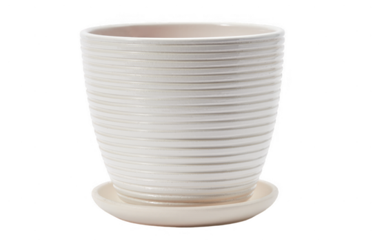 Textured white ceramic planter with saucer on transparent background