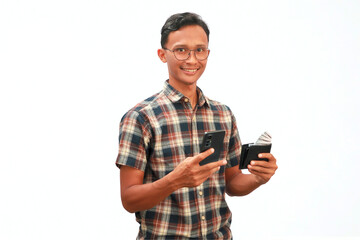 An Asian man holding a wallet containing money and a mobile phone with a happy expression