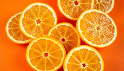 High-angle close-up of halved juicy oranges on orange backdrop, showing texture and shadows,  food, oranges