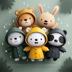 Adorable Rainy Day Friends Cute Animals in Raincoats, Playful Illustration