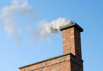 Grey smoke plume billowing from rustic brick chimney against clear blue sky,  landscape,  house