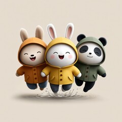 Adorable Rainy Day Fun Jumping Bunnies and Panda in Colorful Raincoats