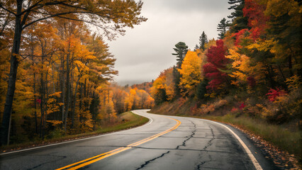 Obraz premium Scenic Autumn Drive Winding Road Through Vibrant Fall Foliage