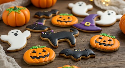 Halloween decorated cookies on a rustic wooden surface, in the shapes of ghosts, black cats, pumpkins, witch hats and bats, bright colors and royal icing, soft lighting and a cozy atmosphere.