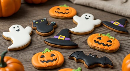 Halloween decorated cookies on a rustic wooden surface, in the shapes of ghosts, black cats, pumpkins, witch hats and bats, bright colors and royal icing, soft lighting and a cozy atmosphere.