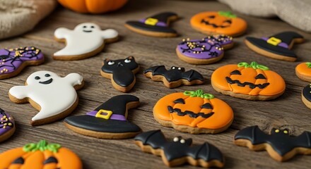 Halloween decorated cookies on a rustic wooden surface, in the shapes of ghosts, black cats, pumpkins, witch hats and bats, bright colors and royal icing, soft lighting and a cozy atmosphere.