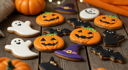 Halloween decorated cookies on a rustic wooden surface, in the shapes of ghosts, black cats, pumpkins, witch hats and bats, bright colors and royal icing, soft lighting and a cozy atmosphere.