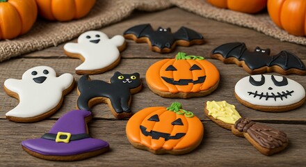 Halloween decorated cookies on a rustic wooden surface, in the shapes of ghosts, black cats, pumpkins, witch hats and bats, bright colors and royal icing, soft lighting and a cozy atmosphere.