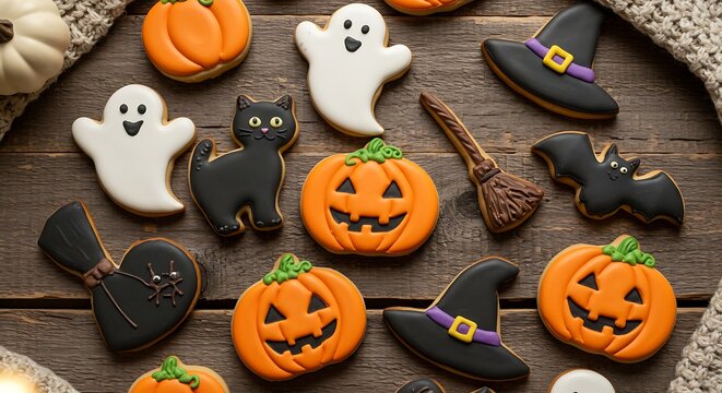Halloween decorated cookies on a rustic wooden surface, in the shapes of ghosts, black cats, pumpkins, witch hats and bats, bright colors and royal icing, soft lighting and a cozy atmosphere.