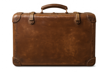 Classic brown leather suitcase isolated on transparent background, evoking memories of journeys and exploration