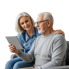 Nurse showing senior man a tablet in a modern interior