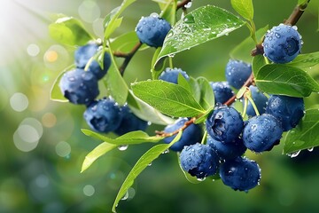 Fresh Blueberries on Branch with Water Drops and Green Leaves