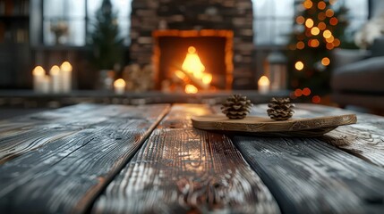 Cozy living room scene with fireplace and festive d?cor, pinecones on rustic wooden board in foreground