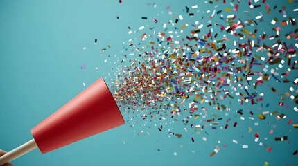 Confetti explosion from a red party popper on blue