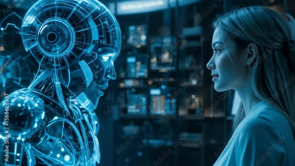 Aufkleber ai humanoid hologram robot shares knowledge with human {female} during singularity symbolizing agent