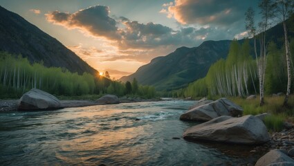 Mountain river landscape during sunset with clouds and lush greenery. Nature scenery. The tranquil scene of flowing water and mountains.