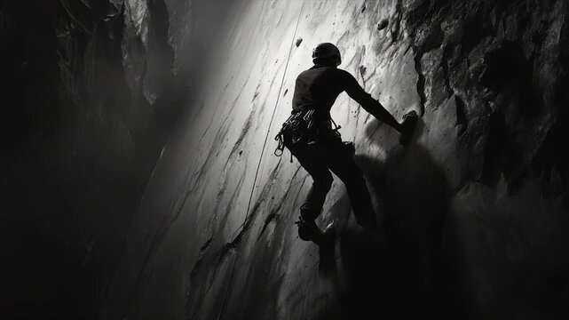 Climber ascending a dark rock face.  A climber ascends a challenging rock face deep inside a cave.  The image emphasizes the verticality and the climber's focus
