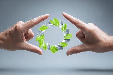 Hands framing a circular arrangement of green and silver leaves to signify sustainability and nature