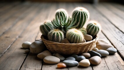 Fototapeta premium A basket of various cacti placed on a wooden surface surrounded by smooth stones.