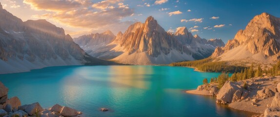 Obraz premium Scenic mountain landscape with a turquoise lake, rugged peaks, and a partly cloudy sky at sunset.