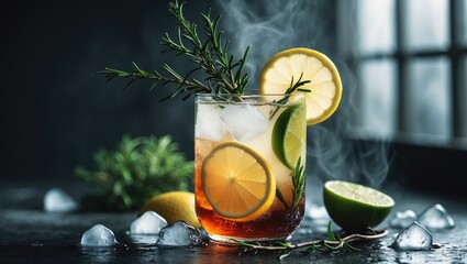 A refreshing lemon and lime drink with herbs and ice, with lemons, limes, and ice cubes around it on a dark surface.