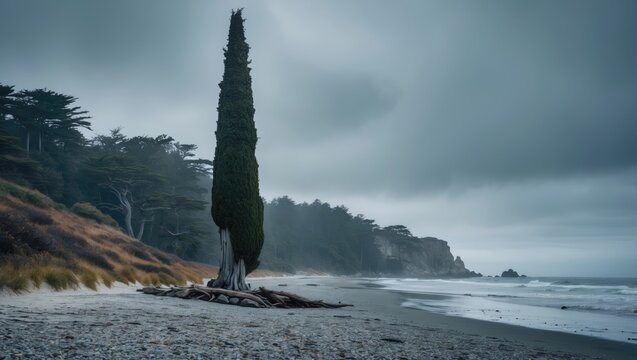 A lone tall tree on a beach with cloudy skies and a misty shoreline, surrounded by coastal vegetation and distant cliffs.