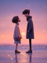 Two stylized figures stand close, their eyes quietly meeting under soft moonlight and a pastel sky.