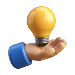 3D cartoon hand holding a glowing light bulb isolated on white or transparent background. PNG format.