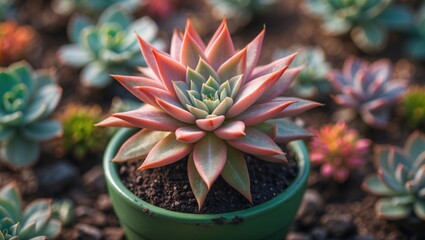 Colorful succulent plant in a green pot with multiple smaller succulents in the background.