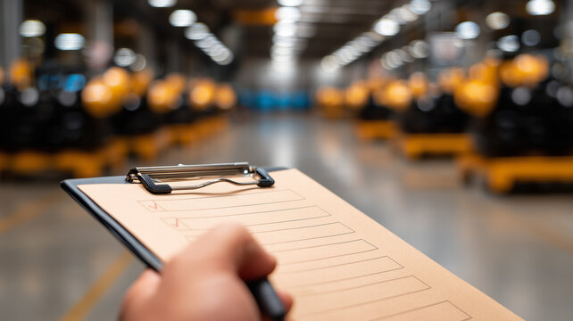 Hands jotting notes on a clipboard checklist during inventory audit inside a brightly lit warehouse aisle, portraying logistics management and quality control.
