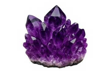 Cluster of violet amethyst crystals sparkling brilliantly against a transparent background, highlighting their stunning natural beauty and intricate details