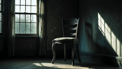 An antique wooden chair sits alone in a sunlit abandoned room with dusty windows