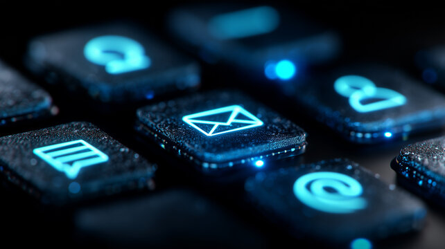 Futuristic glowing email icon on a microchip keyboard embodies secure digital communication and messaging technology.
