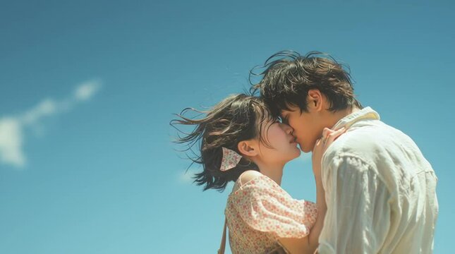 青空の下でキスをする若いカップル｜恋愛, 青空, キス

