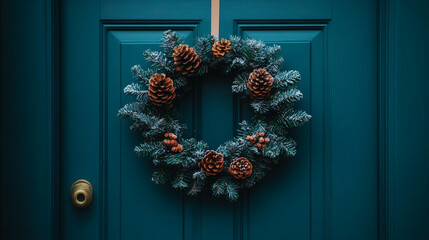 Rustic Christmas wreath with pine cones and eucalyptus leaves hanging on a wooden door. A natural, festive decoration symbolizing warmth, tradition, and seasonal charm. Caption space on the side.

