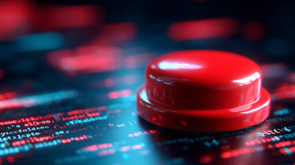 Large red panic button atop programming code conveys urgent system shutdown action for cybersecurity emergencies.
