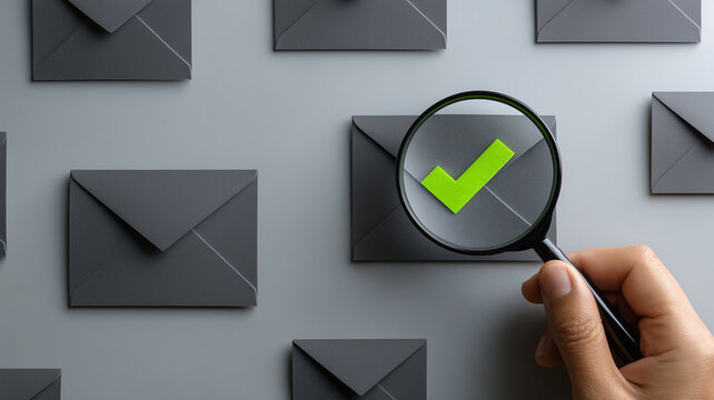 Magnifying glass reveals green check mark envelope illustrating verified secure email selection and spam filtering accuracy.
