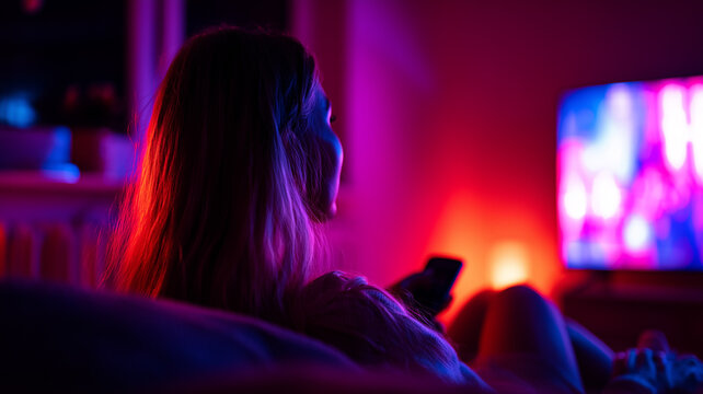 Rear view of woman binge watching streaming content on a glowing television screen in a dark home-cinema setting.
